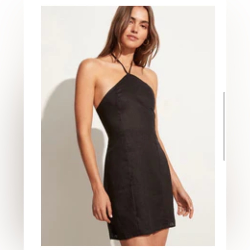 FAITHFULL THE BRAND BLACK LINEN MINI HALTER DRESS